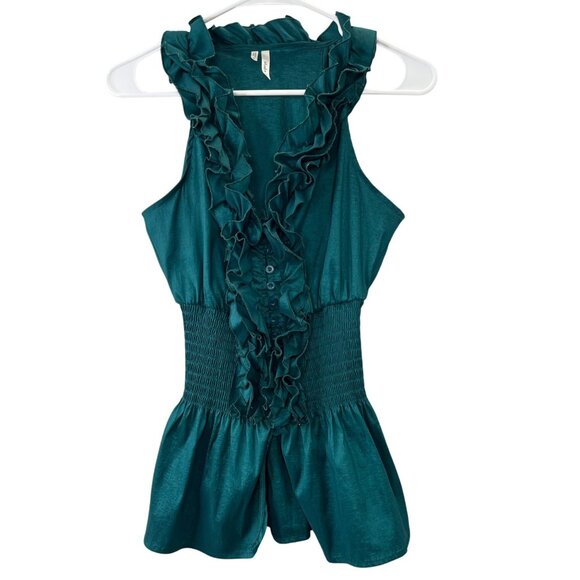 Studio Y Smocked Ruffle Blouse S Emerald Teal Sleeveless Fairy Boho Renaissance - Picture 1 of 5